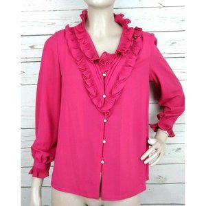 Vintage 60's Women's Ruffle Neck and Wrist Pearl Button-Down Blouse